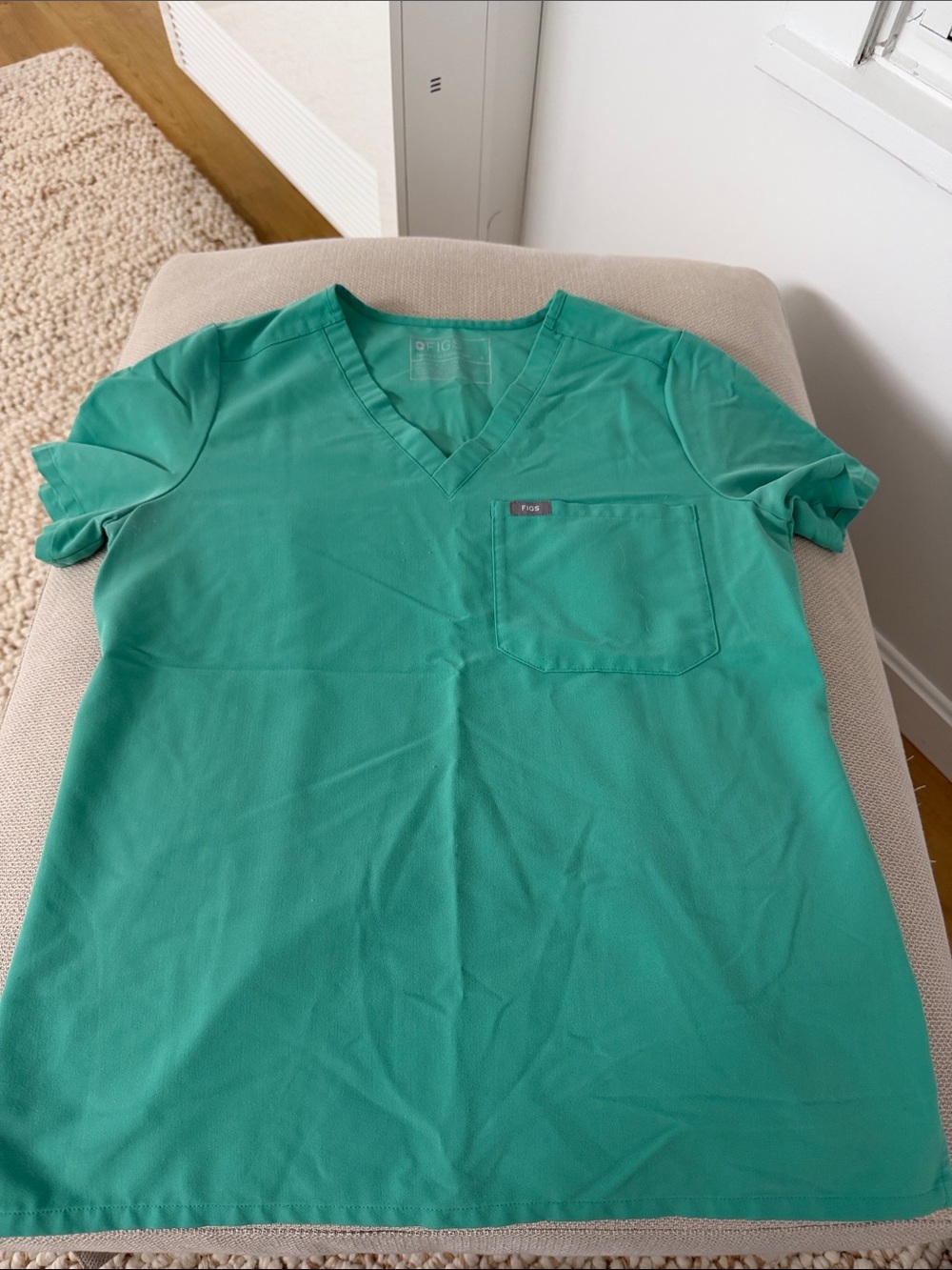 Figs Women's Teal V-Neck Short Sleeve Scrub Top with Chest Pocket